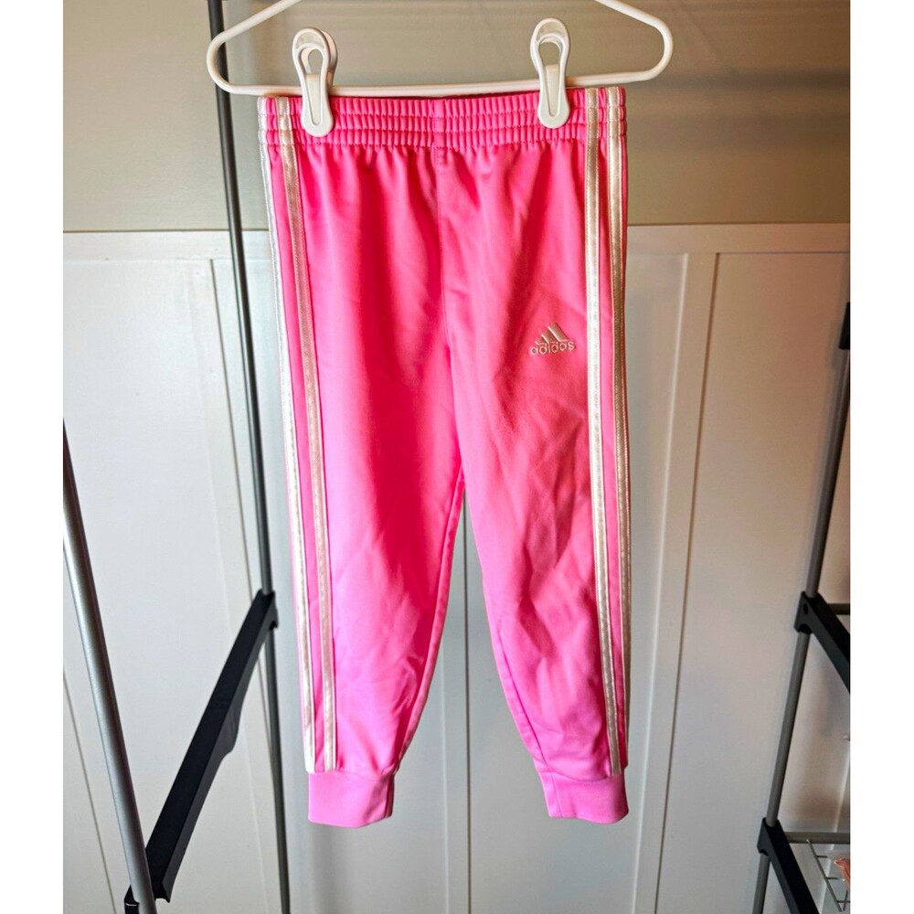 Adidas Girls Size 5 Pink 3 Stripe Track Pants Joggers White Logo Athletic